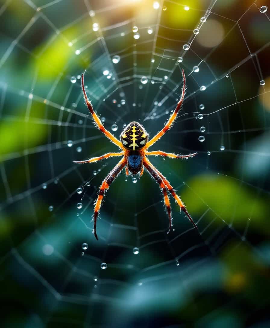 a cross spider is sitting in her net,waterdrops in the net, contrairlight , in the background unsharp jungle plants 