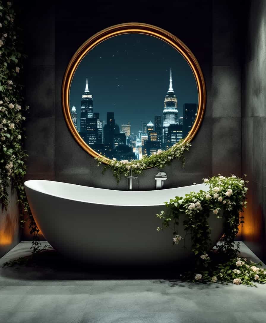 In an avant-garde interior bathroom, a striking bathtub carved from sleek urban materials dominates the space, resembling an empty city skyline. The tub, reflecting the essence of a modern metropolis, is positioned beneath an oval window that frames a breathtaking nighttime cityscape. Twinkling city lights dance across the glass, casting a warm glow that mingles with the cool tones of the bathroom.

Adding an unexpected twist to this urban sanctuary, a vintage car is whimsically integrated into the design. This quirky vehicle, reminiscent of a bygone era, is parked against the far wall, its surface adorned with a cascade of vibrant green ivy and delicate wildflowers. The plants, seemingly thriving within this unusual setting, spill over the car's windows and sides, creating a stunning contrast between the sleek urban bathtub and the organic, rustic charm of nature.