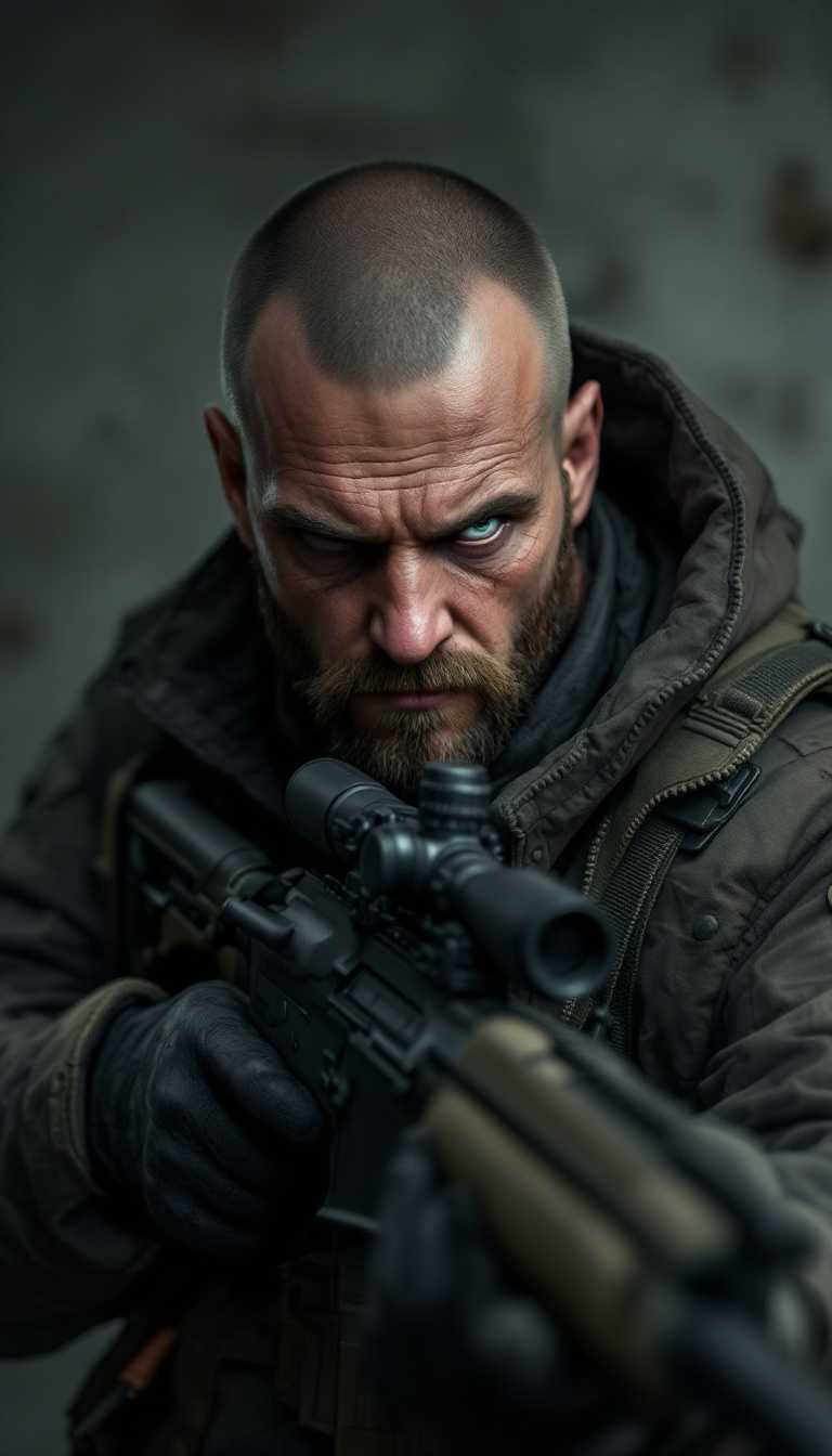 generate, images of a one-eyed man with a r15 rifle