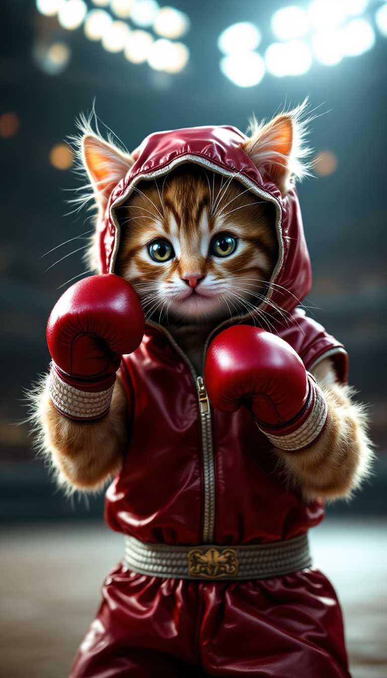Kitten wear boxing costume, playing boxing in stadium, hyper realistic