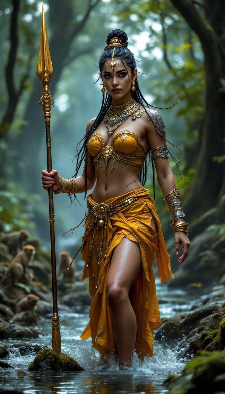 GoldenGarbed Amazonian Warrior in a Mysterious Forest