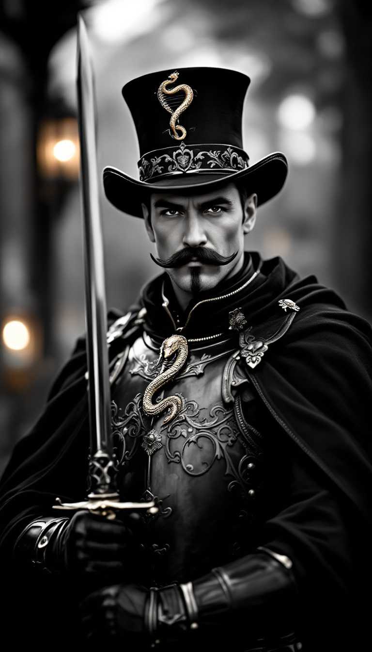 In this captivating black and white image, a man stands confidently in black and gold armor, his sword drawn and poised for the camera. The blend of old-world charm and modern elements in his costume evokes a sense of historical grandeur. His prominent top hat, adorned with intricate detailing, complements the regal air of his ensemble, while a meticulously groomed handlebar mustache adds a touch of charisma and sophistication. 

The backdrop hints at an outdoor setting, softly blurred to suggest warmth and inviting light sources, perhaps from nearby lanterns that illuminate the scene. The emblem of a snake on his armor subtly implies a deeper narrative, hinting at a historical figure or a character steeped in lore. The dark cloak draped over his shoulders, fastened with a detailed brooch at the collar, enhances the majestic quality of his appearance. 