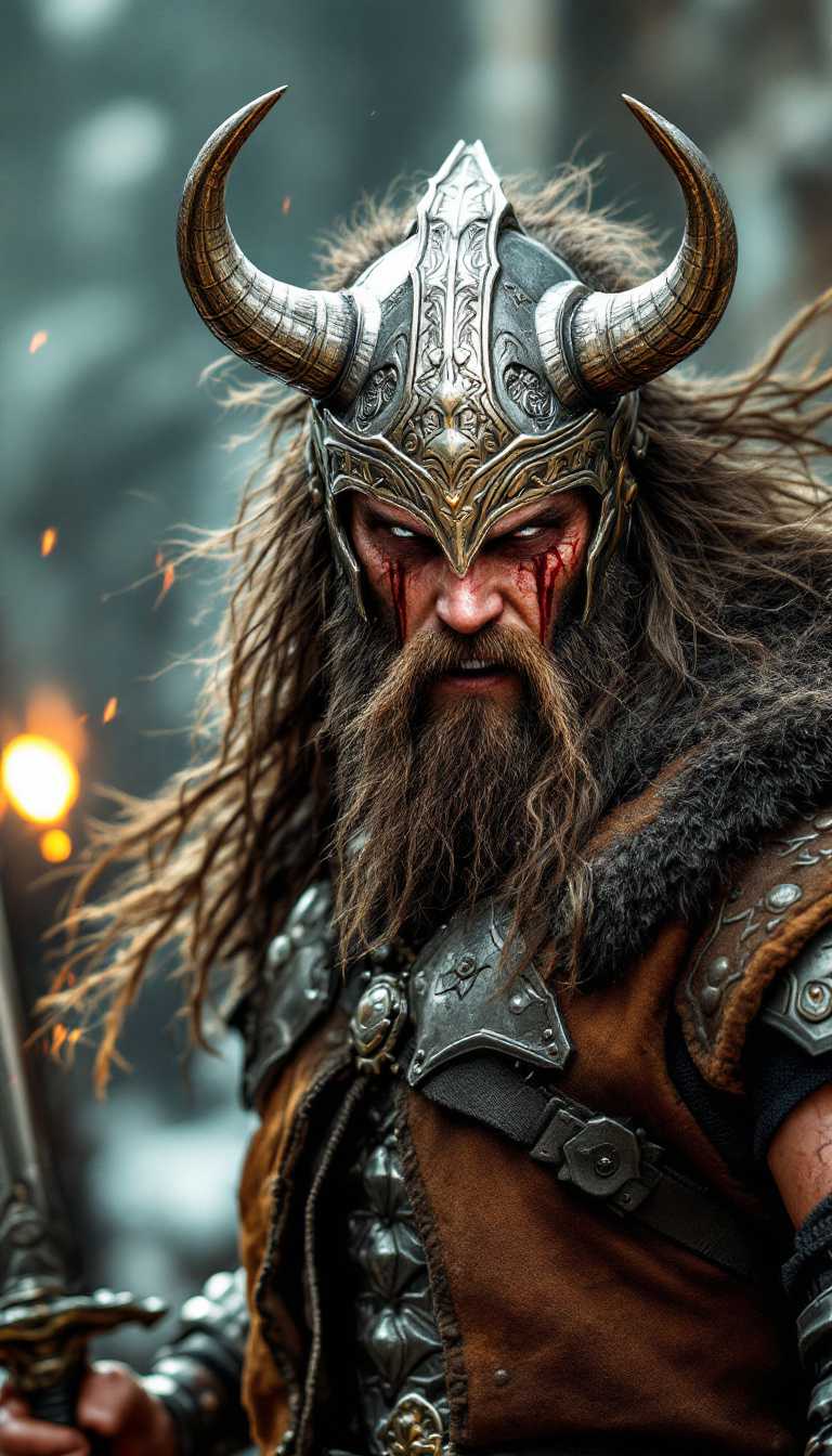 In the center of the frame stands a fierce warrior, a blend of ancient and futuristic, wearing a menacing Viking helmet adorned with intricate metallic engravings. His long hair flows wildly, framing a face where blood streams dramatically from his eyes, intensifying his battle cry directed at the camera. He grips a massive sword, its blade glinting ominously in the light.

Around him, the rugged contours of military armor wrap his form, featuring an elaborate exoskeleton structure that suggests both durability and tactical superiority. The metallic grays of his armor contrast sharply with the earthy tones of his brown vest, highlighting the raw power he embodies. Strategic highlights catch the intricate details of his protective gear, emphasizing the advanced technology seamlessly integrated with the raw ferocity of a Viking warrior.