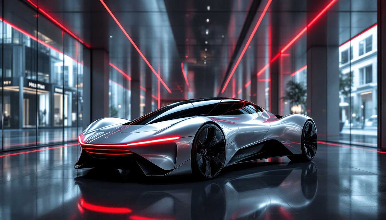 This image features an advanced prototype vehicle prominently displayed in an urban setting, seamlessly integrated into a minimalistic, functionalist environment. The foreground is dominated by the sleek, shiny surface of the vehicle, characterized by its aerodynamic shape and bold red LED accents. Surrounding the vehicle, the interior hall reflects a harmonious blend of modern design elements, with clean lines and a spacious layout that enhances the vehicle's futuristic appeal. 

The background consists of towering, modern buildings with glass facades, softly illuminated to create an ethereal ambiance that complements the vehicle's high-tech aesthetic. The dominant colors are metallic greys and blacks, accented with red lines that echo the vehicle's features, adding a dramatic flair to the overall presentation. 

Natural light filters in through expansive windows, casting delicate shadows that dance across the wet street, while the carefully designed lighting emphasizes the vehicle's reflective surfaces, creating an almost cinematic effect. The minimalistic decor of the hall, with its understated elegance, contrasts with the boldness of the car, making it the focal point of this futuristic urban landscape. The result is a striking interplay of technology and design, where innovation meets artistry in a captivating urban tableau.