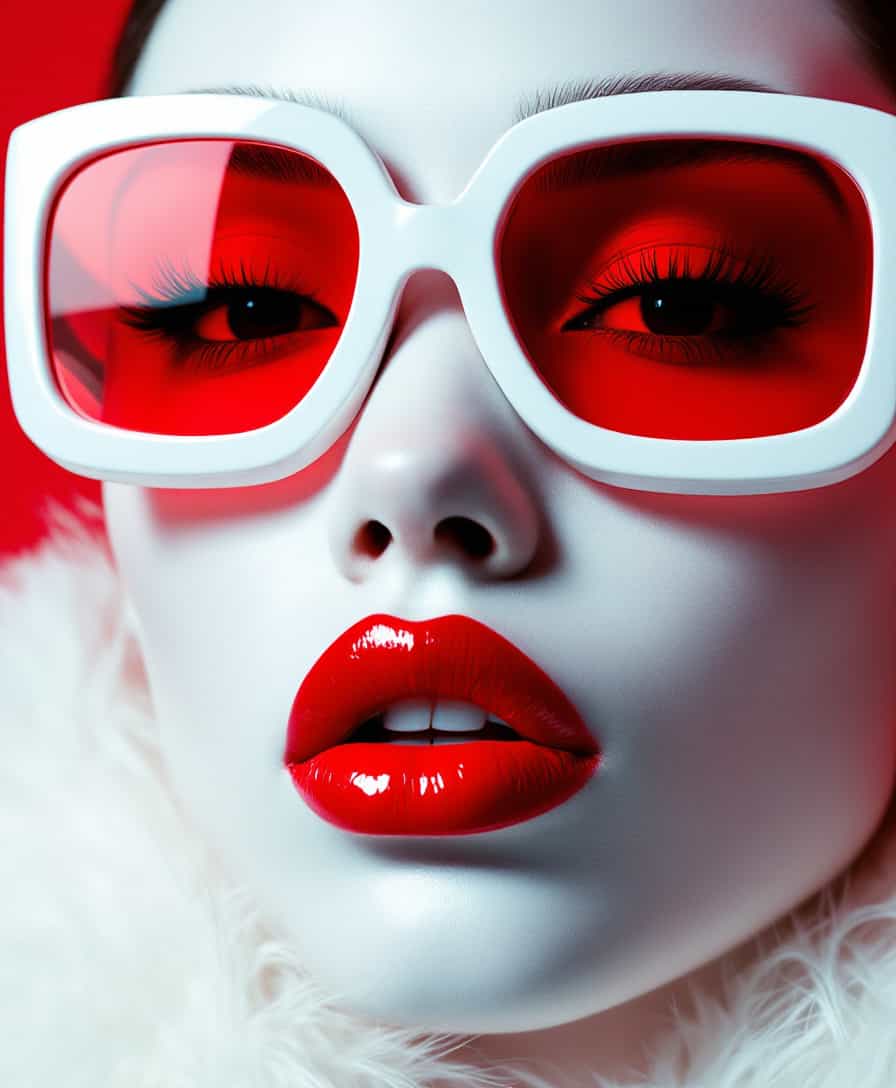 A highly stylized, close-up portrait of a person with a surreal, almost otherworldly appearance. The subject has a smooth, white skin, with striking red lips that are glossy and well-defined. They are wearing large, white-framed sunglasses with red-tinted lenses that cover a significant portion of their face, adding a bold contrast to the overall color scheme. The person has long, thick eyelashes and their facial features are sharp and symmetrical. They are also adorned in a white, fur-like garment that adds texture to the image. The background is red. The overall aesthetic is futuristic and fashion-forward, with a strong emphasis on color contrast and smooth textures.