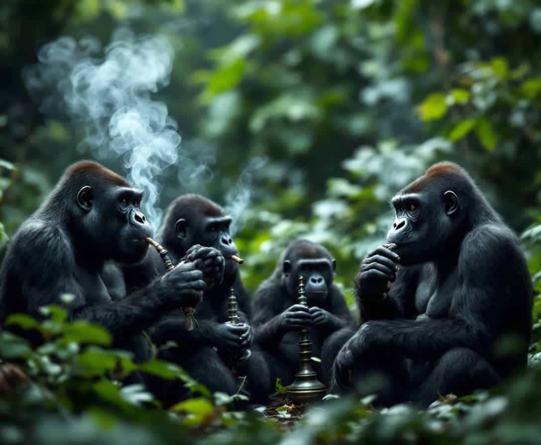 cinematic photorealistic with intrinsic details, group of gorillas sitting in jungle and smoking a shisha, selective focus, bokeh
