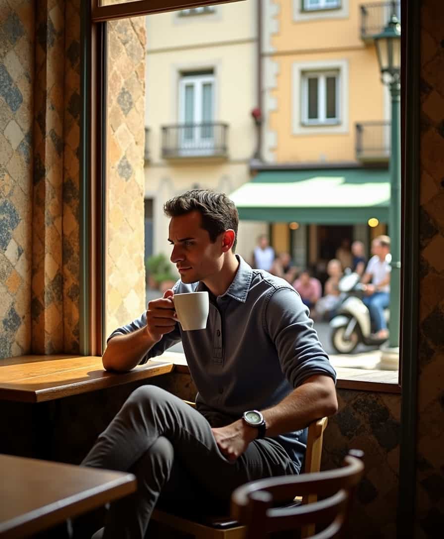 **Prompt**: Capture an evocative scene of BLOVE man sitting leisurely in a quaint Lisbon café. The setting is rich with Portuguese charm, including vintage tiled walls and the café's rustic wooden furniture. BLOVE is positioned near a sunlit window, allowing natural light to softly illuminate his features, highlighting their expression of relaxed enjoyment while sipping a traditional Portuguese coffee. The café's ambiance is warm and inviting, with golden-hued lighting adding a cozy atmosphere. Outside the window, the bustling streets of Lisbon are visible, with their iconic pastel-colored buildings and cobblestone pathways. In this candid shot, utilize a slightly high angle to encompass both BLOVE and the enchanting environment. Capture the essence of an afternoon spent in this historic city, using a shallow depth of field to gently blur the background, emphasizing BLOVE as the focal point. The photo should convey a sense of tranquility and cultural richness, evoking the lively yet laid-back spirit of Lisbon.