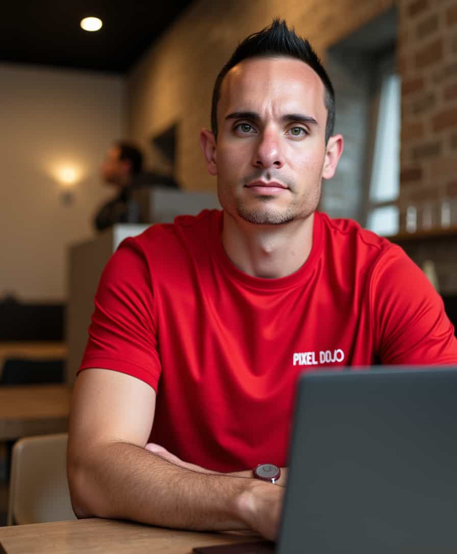 a candid portrait photo of BLOVE man, sitting behind a laptop in a cafe in Lisbon. BLOVE is wearing a red t-shirt that says "PIXEL DOJO" on it