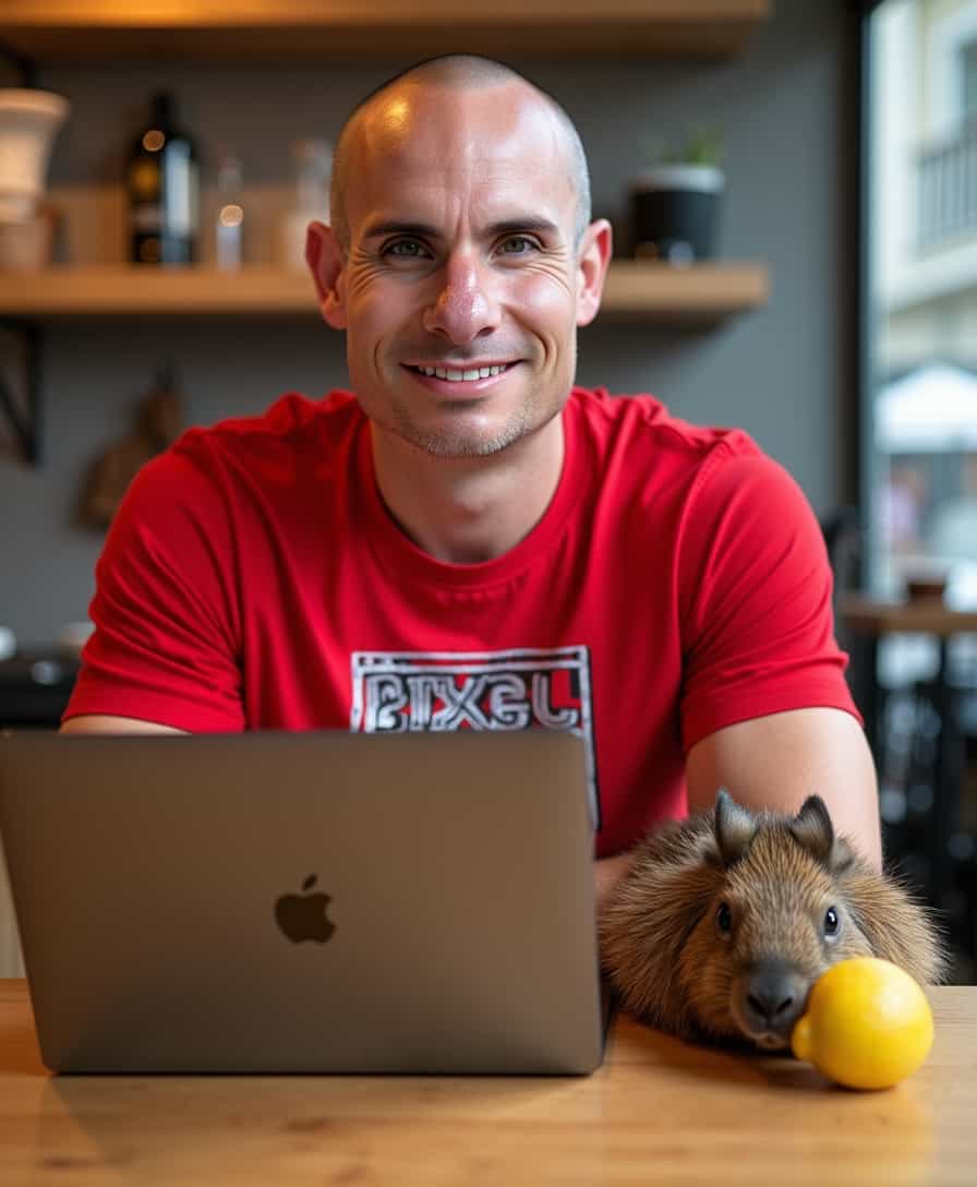 a candid portrait photo of BLOVE man, sitting behind a laptop in a cafe in Lisbon. BLOVE is wearing a red t-shirt that says "PIXEL DOJO" on it. he has short buzzed hair, and a small capybara is nestled up next to his laptop eating a lemon