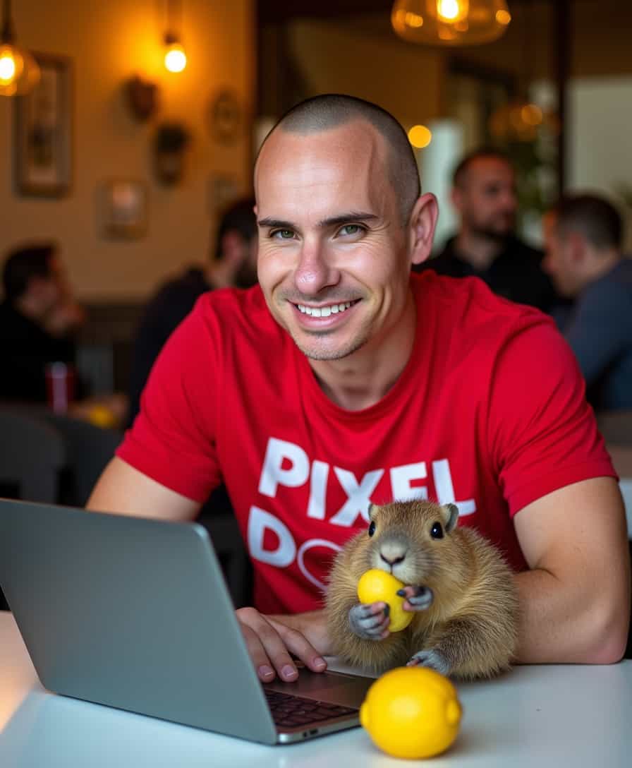 a candid portrait photo of BLOVE man, sitting behind a laptop in a cafe in Lisbon. BLOVE is wearing a red t-shirt that says "PIXEL DOJO" on it. he has short buzzed hair, and a small capybara is nestled up next to his laptop eating a lemon