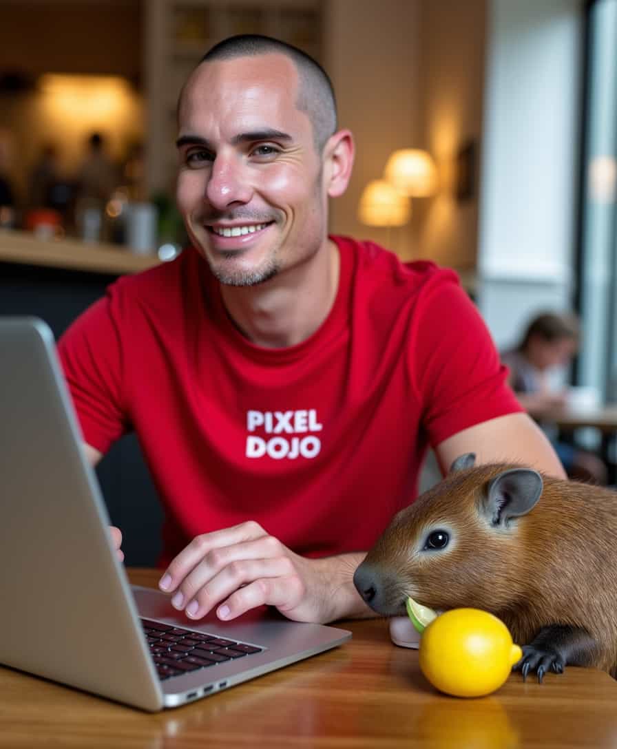 a candid portrait photo of BLOVE man, sitting behind a laptop in a cafe in Lisbon. BLOVE is wearing a red t-shirt that says "PIXEL DOJO" on it. he has short buzzed hair, and a small capybara is nestled up next to his laptop eating a lemon