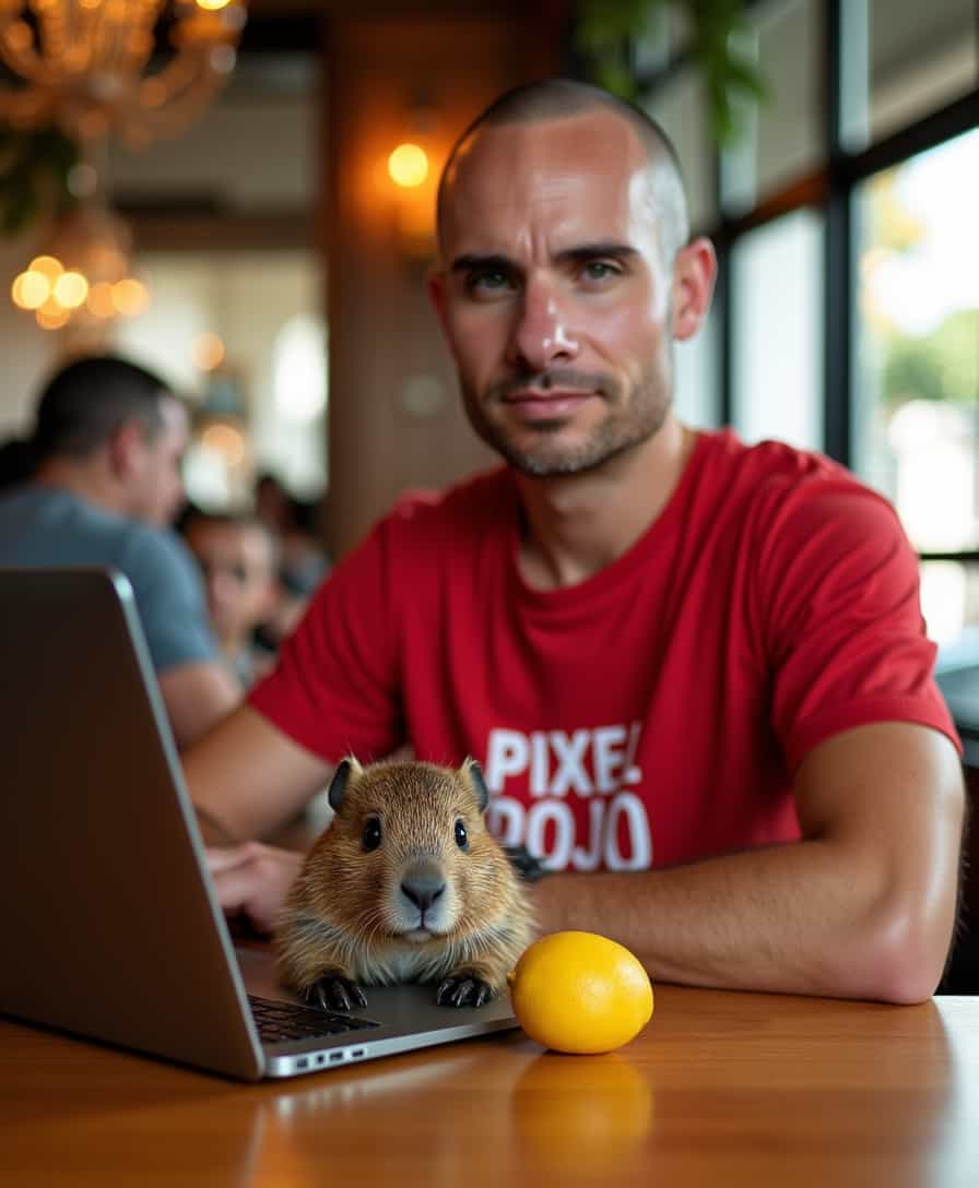 Candid portrait photograph of a man in a bustling café in Lisbon, capturing an authentic moment with warm, natural light streaming through large windows, casting gentle reflections on smooth wooden tables. The center of focus is a man with a short buzz cut, wearing a vibrant red t-shirt emblazoned with the words "PIXEL DOJO" in bold, modern typography. He sits comfortably behind a sleek laptop, a subtle reflection of café lights glinting off the screen. Beside the laptop, a small capybara, its fur textured and lifelike, is peacefully nestled, its tiny incisors nibbling on a bright lemon. The background features soft bokeh blur, rendering fellow patrons and ornate café decor in gentle, muted tones, while the atmosphere is imbued with a sense of relaxed camaraderie and the lively hum of conversation. Photographic elements like a shallow depth of field and a slightly angled camera perspective enhance the intimacy of the scene.