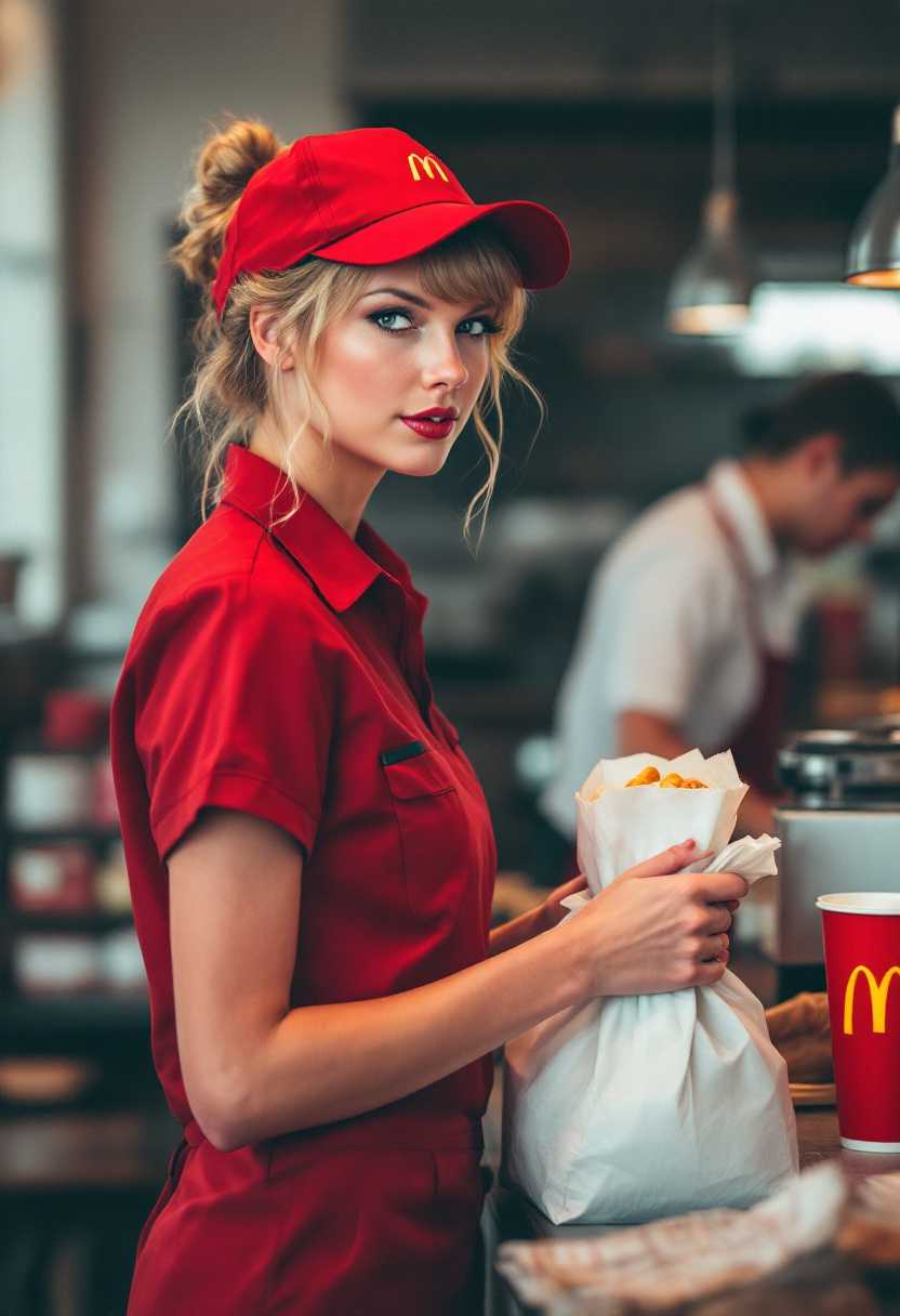 McDonalds Employee in Red Uniform with Food Bag and Beverage Cup