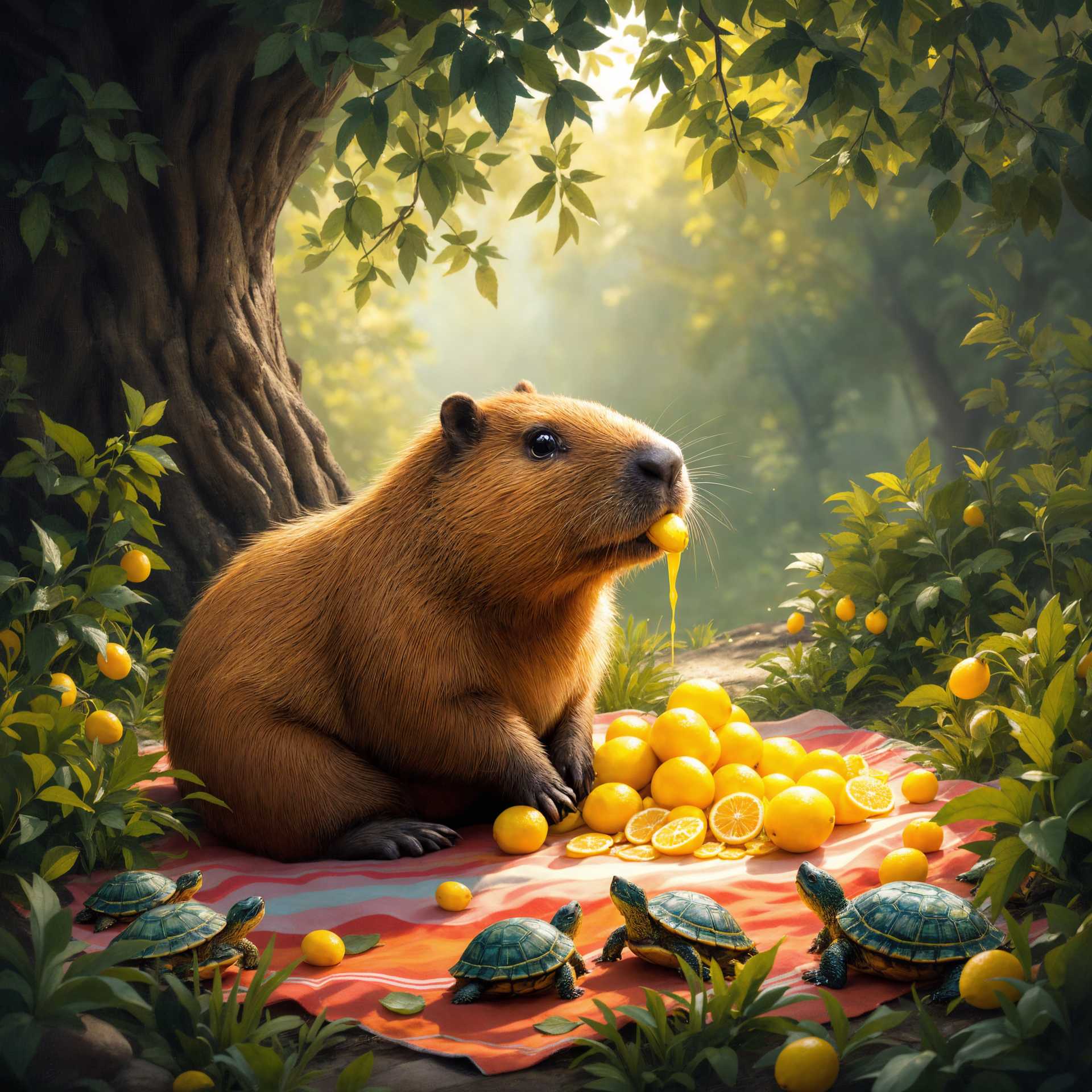 Title: "A Whimsical Picnic"

In a lush, verdant landscape, a gentle capybara sits serenely under the canopy of a sprawling, ancient tree. The tree's leaves filter the warm, golden sunlight, casting dappled patterns on the scene below. The capybara, with its soft, brown fur and expressive eyes, is nestled comfortably beside a colorful blanket strewn with vibrant yellow lemons. Its mouth gently biting into one, releasing a stream of juice that glistens in the sunlight.

Around it, a charming family of turtles adds a delightful touch of whimsy. The turtles, with their intricately patterned shells in shades of emerald and olive, are scattered around the scene, some munching on lettuce, while others curiously observe the capybara's bold culinary choice. The turtles' eyes glisten like tiny black pearls, reflecting the light and giving them a sense of inquisitive intelligence.

The background is a soft blur of the lush, green forest, evoking a sense of tranquility and harmony in this woodland gathering. A gentle breeze rustles the leaves, adding a touch of movement to the otherwise serene scene. The overall mood is one of peaceful coexistence and nature's bounty, captured in a high-resolution, hyper-realistic style