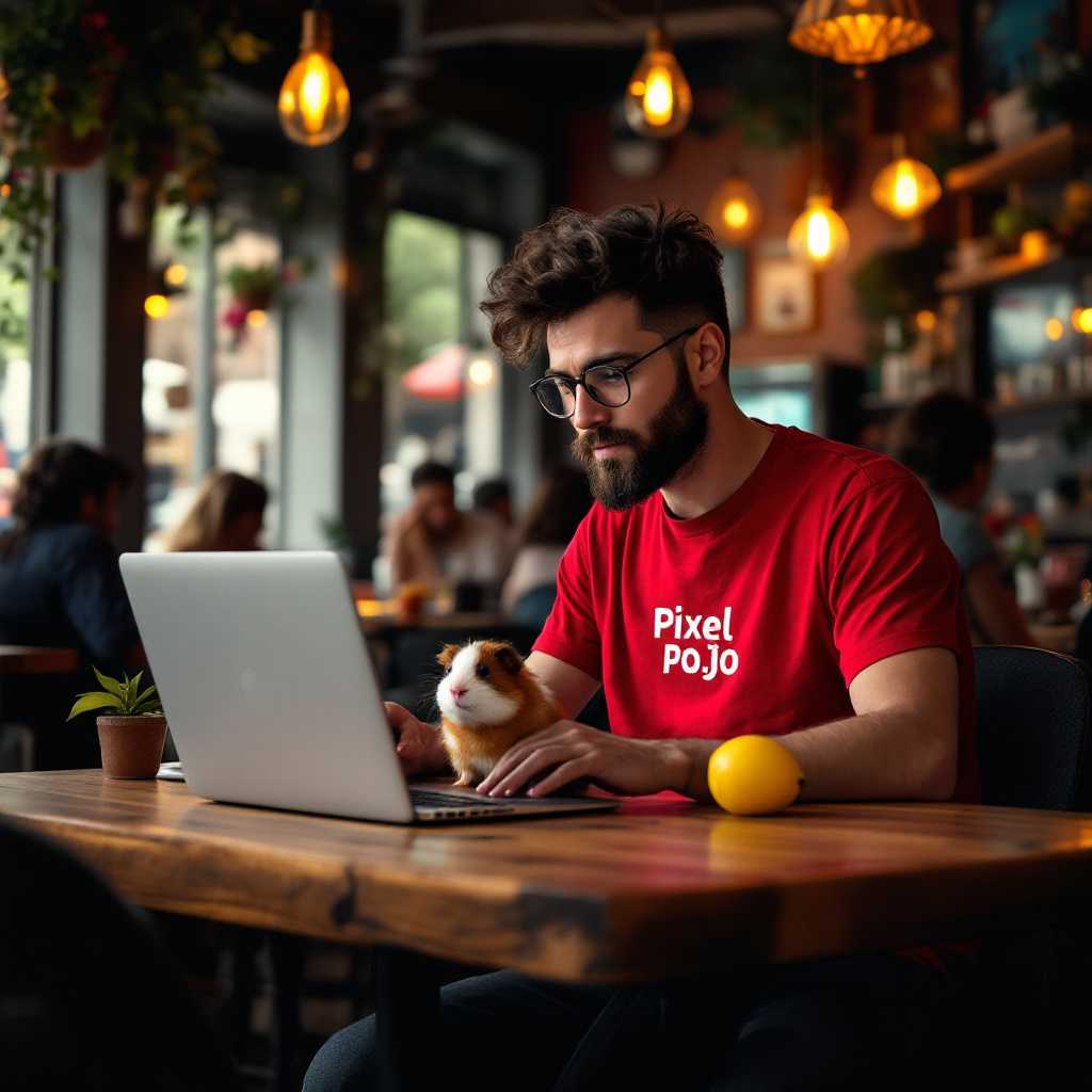 Create a surreal scene with a man in a red Pixel Pojo Tshirt sitting at a wooden table with a laptop. A curious guinea pig is sitting on the laptop, and a lemon is placed on the table in front of the laptop. The background is a warmly lit cafe with other patrons and hanging lights. The colors should be vibrant, with a focus on the contrast between the red of the shirt, the brown of the guinea pig, the yellow of the lemon, and the silver of the laptop against the warm tones of the cafe.