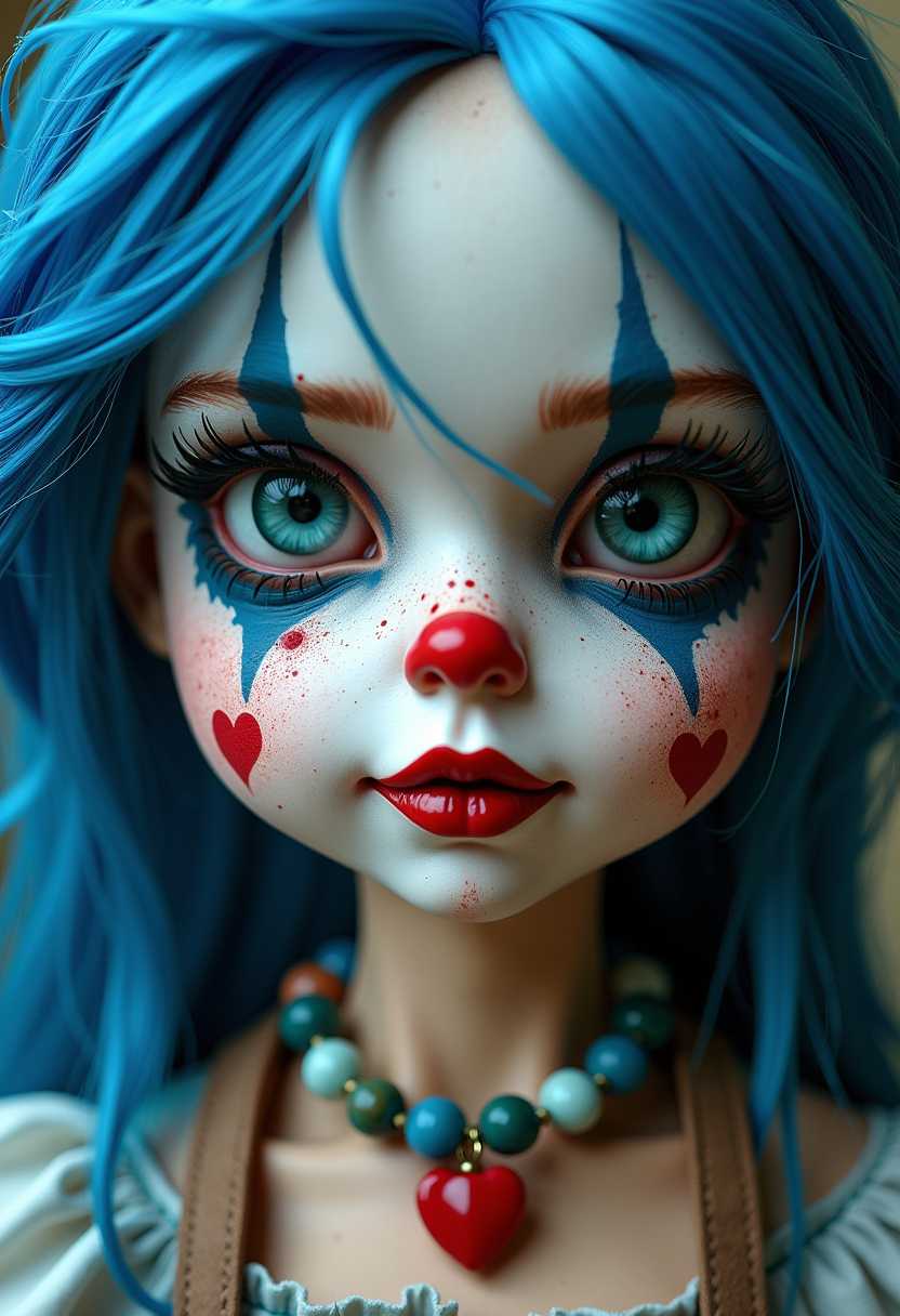 This image features a closeup of a doll with a striking and detailed appearance. The dolls fragile thin face is adorned with a vivid blue wig that has a slightly frayed and dirty look, with red and white specks scattered across it, giving it a worn and weathered appearance.The dolls makeup is reminiscent of a clown, with a stark white foundation that is marred by streaks of blue and red, resembling tears or smudges. The eyes are large and expressive, with a hint of green in the irises, and are framed by thick, black eyelashes. The eyebrows are also thick and dark, with a slightly furrowed expression that adds to the dolls intense gaze.The dolls nose is a bright red, and there are small, red heart shapes painted on the cheeks, which contrast with the otherwise dark and dramatic makeup. The mouth is painted with a thin, straight line that gives the appearance of a frowning mouth, further contributing to the dolls melancholic expression.The doll is wearing a necklace with beads that vary in color, including shades of blue, green, and brown, and it has a slightly tattered and frayed appearance, as if it has been wellloved or wellused.The dolls clothing is not visible in the image, but we can infer that it might be part of a costume, given the makeup and accessories.The overall art style of the doll is quite detailed and realistic, with a focus on textures and colors that give it a lifelike quality. The medium appears to be a blend of painting and sculpture, with attention to both the surface details and the threedimensional form of the doll. The colors are bold and vibrant, with a focus on contrasting shades that draw the eye and create a sense of depth and drama.