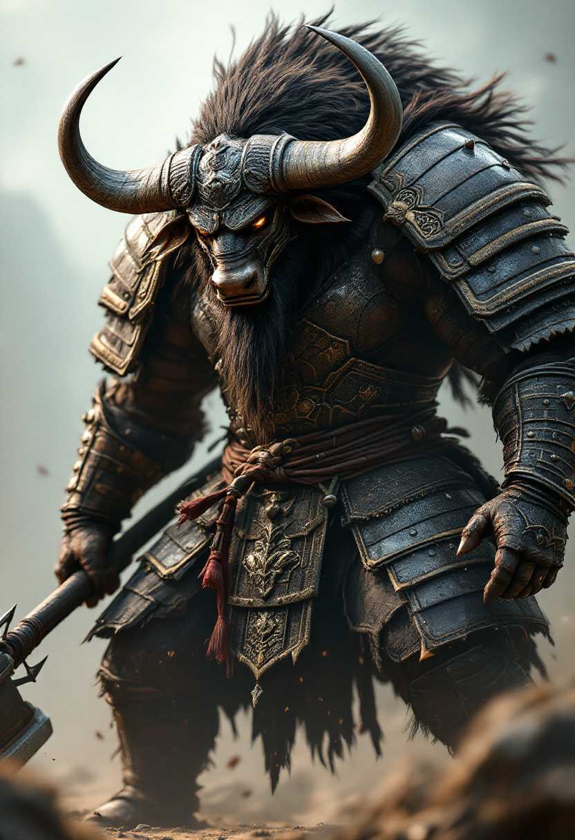 Ultra realistic , cinematic , intricate And highly detail with creative close-up shot of full body for a powerful buffalo samurai, his large, muscular body encased in thick, rugged armor designed to withstand any assault. His horns curve out from his helmet like two fearsome crescents, and his hooves stomp the ground with every step. Armed with a heavy war hammer, he charges into the fray with the unstoppable force of a stampede, his raw power and endurance unmatched by any opponent."