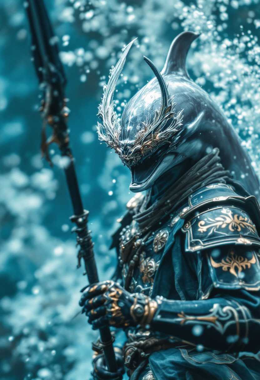 Ultra realistic , cinematic , intricate And highly detail with creative close-up shot of full body for a graceful dolphin samurai, moving effortlessly through the water in shimmering, aquatic-themed armor. His eyes are sharp, full of intelligence and strategy, and in his hands, he carries a slender spear, designed for precise underwater combat. His sleek form glides silently through the waves, using agility and speed to outmaneuver enemies with elegance and cunning, striking like a blade in the depths."
