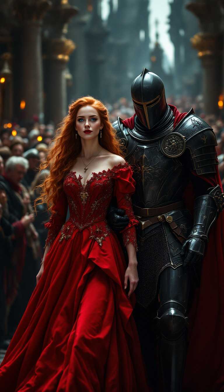 A noble red-haired woman, her fiery waves of hair cascading down her back, walks gracefully towards the throne, not yet crowned. Her opulent red gown flows behind her as she steps with purpose, her blue eyes filled with anticipation. By her side, a black knight, fully clad in intricately decorated black plate armor, assists her. His armor gleams with ornate details, and his presence adds a sense of power and protection. Together, they move towards the throne as the crowd watches in awe. The knight’s imposing figure contrasts with her regal grace, creating a striking visual as they approach the seat of power.