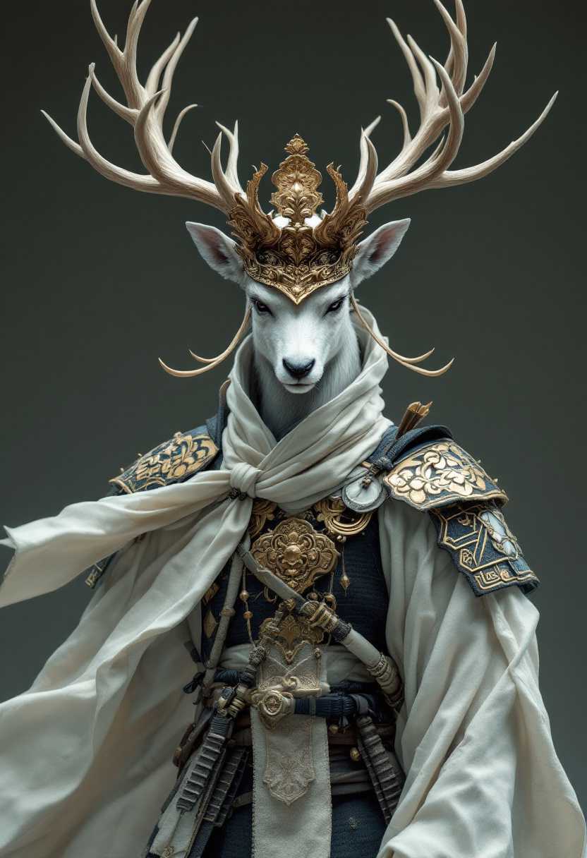 Ultra realistic , cinematic , intricate And highly detail with creative close-up shot of full body for a graceful deer samurai, his antlers crowned with ornate armor that symbolizes nobility and wisdom. His movements are swift and delicate, each step taken with precision. Dressed in light, flowing robes that allow for quick, fluid motion, he wields a yumi bow, his arrows striking true from a distance. This serene warrior prefers to avoid conflict but is prepared to fight when duty calls, defending his land with honor.
