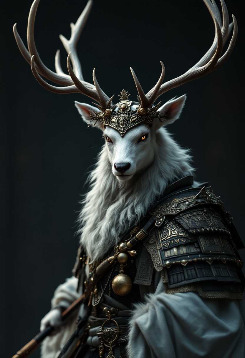 Ultra realistic , cinematic , intricate And highly detail with creative close-up shot of full body for a graceful deer samurai, his antlers crowned with ornate armor that symbolizes nobility and wisdom. His movements are swift and delicate, each step taken with precision. Dressed in light, flowing robes that allow for quick, fluid motion, he wields a yumi bow, his arrows striking true from a distance. This serene warrior prefers to avoid conflict but is prepared to fight when duty calls, defending his land with honor.

