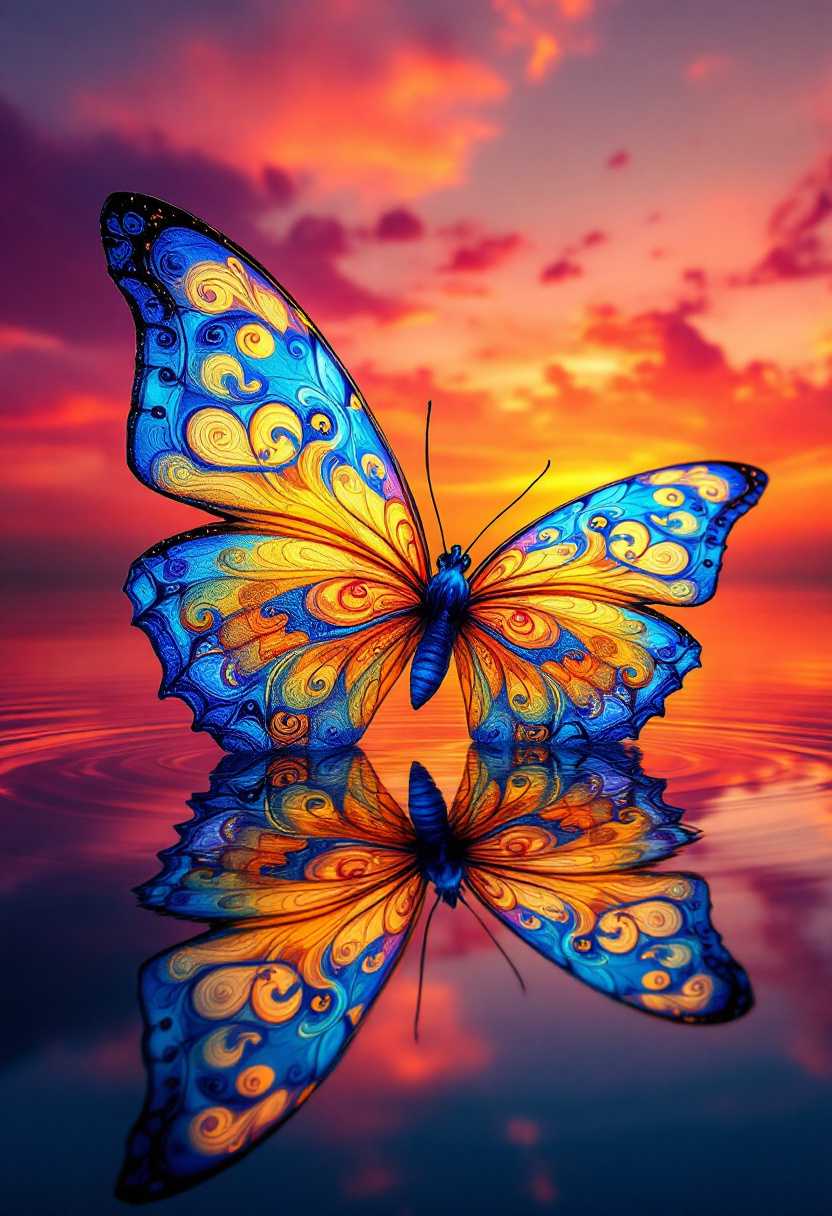 This image features a large, colorful butterfly resting on a reflective water surface. The butterfly's wings are adorned with intricate, swirling patterns in vibrant colors such as blue, orange, and yellow. The patterns create a mesmerizing, almost psychedelic effect.

The background showcases a stunning sunset, with the sky painted in vivid hues of orange, pink, and purple. These colors are reflected on the water, enhancing the overall visual impact. The water appears calm, providing a mirror-like reflection of the butterfly and the sky, adding to the surreal and tranquil atmosphere of the scene.