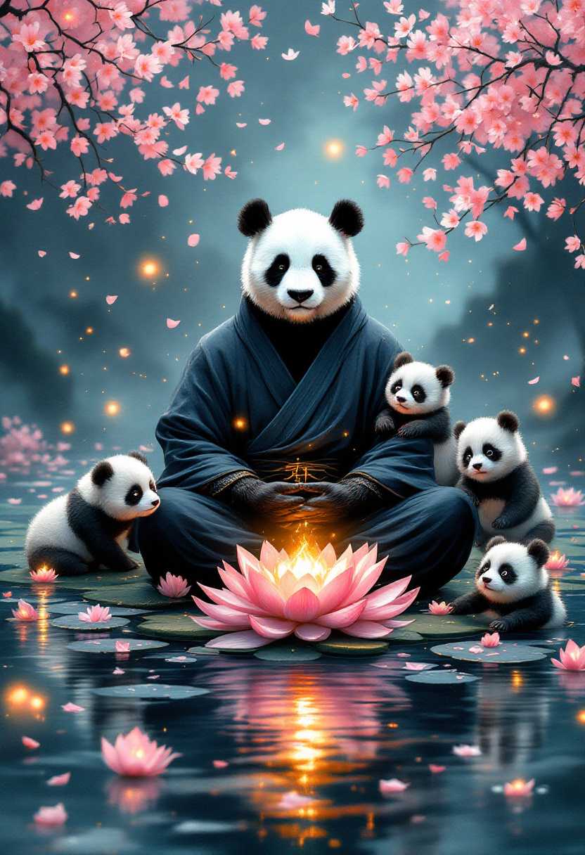 A panda in a zen monk robe, meditating peacefully on a floating lotus in the middle of a tranquil, misty lake, surrounded by glowing fireflies and cherry blossom petals gently falling, while a group of curious, wide-eyed baby pandas attempt to mimic the serene pose, capturing the serene yet adorable contrast of mindfulness and playful innocence, zentangle pointillism watercolor, intimidating and imposing, dynamic pose, studio light, diffuse light, Sgraffito, soft pastel touch, overexposure oil painting on canvas style, impressionist, sfumato, chiaroscuro, sanpaku eyes, Grisaille Monochrome underpainting, fauvism, expressionistic portrait of a Japanese animation still, insanely intricate details, extremely sharp focus, whimsical surrealistic dreamscape collage, maximalism, Rembrandt lighting, unique artistic composition, terragen, phi ratio, Fabonacci, Siloa