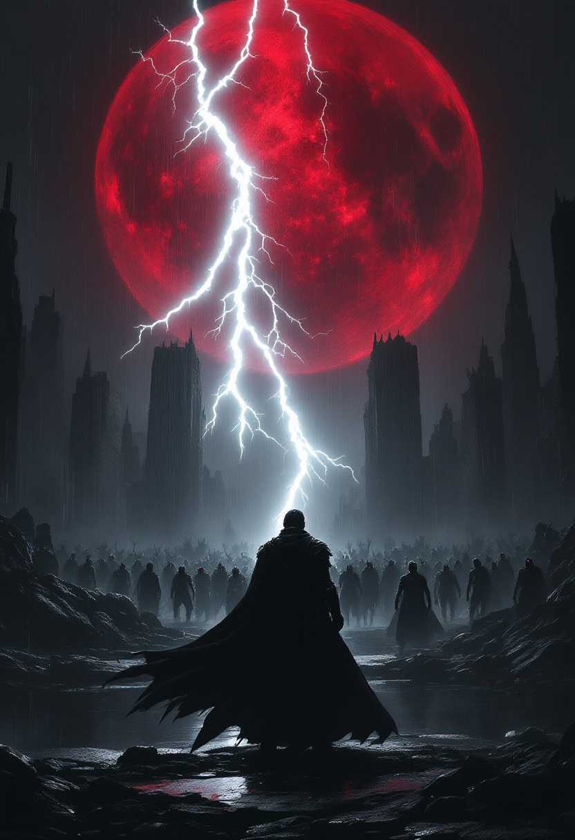 A brooding, epic scene drenched in shadow and dramatic light, brought to life in the stylized, mythic grandeur of Zack Snyder. The setting is a rain-soaked, post-apocalyptic cityscape with towering, crumbling monuments and shattered skyscrapers looming in the background. The scene centers on a lone, armored warrior standing defiantly atop the ruins, their cape flowing like ink in the wind. The warrior’s silhouette is sharp and iconic, backlit by a massive, blood-red moon that bathes the scene in an eerie glow. The rain falls in slow motion, each droplet glistening as it hits the ground, creating ripples in the dark puddles below. In the distance, colossal lightning bolts crackle across the sky, illuminating the skeletal remains of a devastated world. The warrior’s expression is grim, their eyes glowing faintly with purpose as they stare into the oncoming horde of shadowy, demonic figures emerging from the mist. The atmosphere is a masterful blend of high-contrast blacks and grays, punctuated by flashes of electric blue and crimson, capturing the larger-than-life intensity and heroic gravitas that defines Snyder's signature, operatic style. Every element is heightened and cinematic, making the scene feel both epic and deeply personal, as if torn from the pages of a dark, graphic novel.