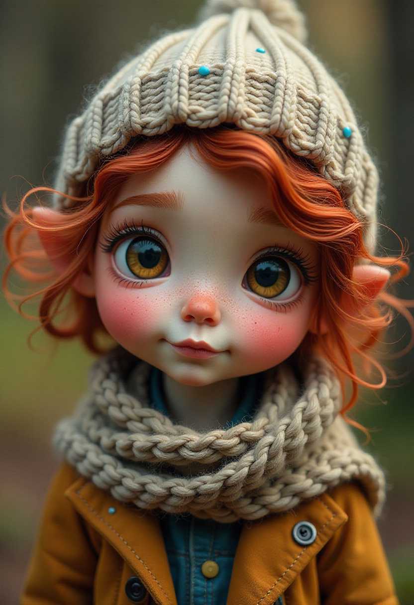 Create a closeup portrait of a fantasy character with large expressive eyes and curly red hair. The character is wearing a cozy knitted hat and scarf in muted earth tones with colorful speckles. The background is a soft focus on a natural outdoor setting.