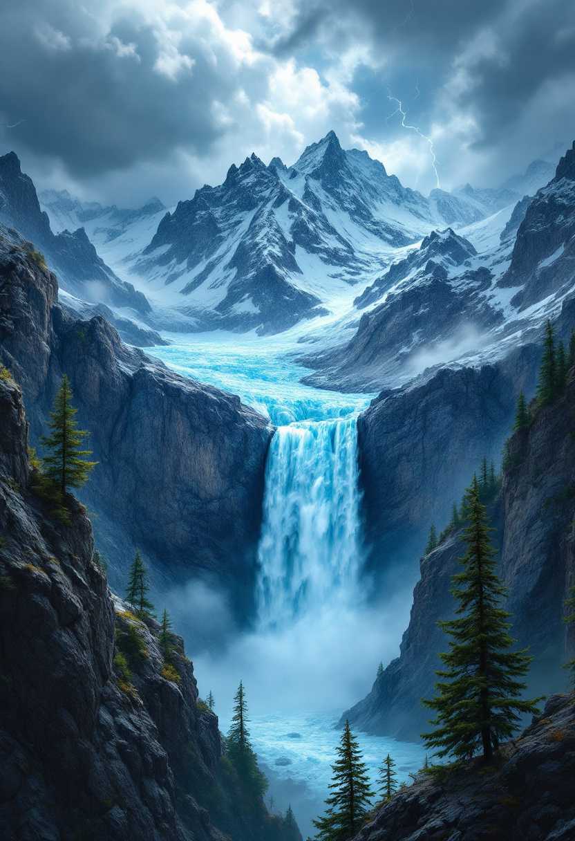 Thunderous waterfall plummets from snow-capped peaks, icy blue glacier melt churning white. Jagged obsidian cliffs frame the scene. Storm clouds gather, lightning flashes. Pine trees cling precariously to rocky ledges.