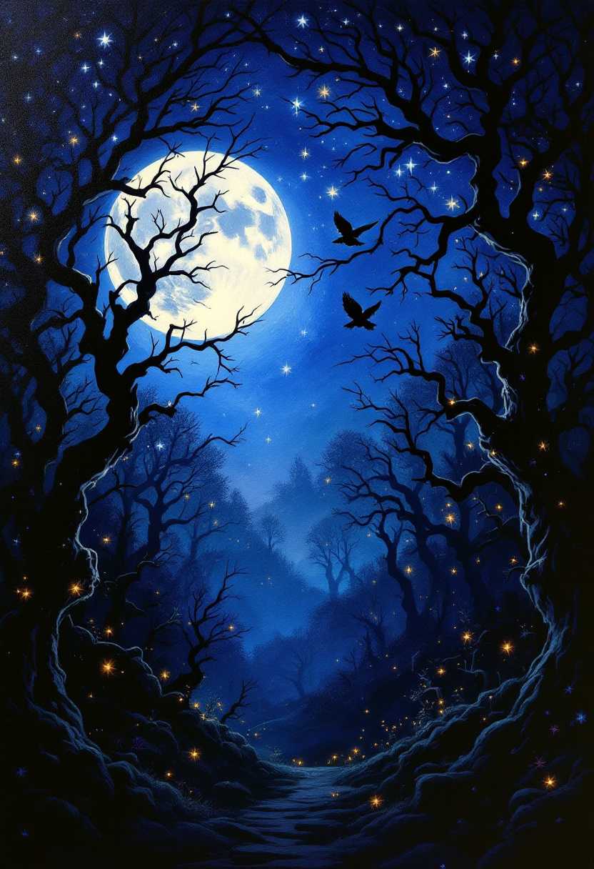 Enchanted forest moonrise, silhouettes of gnarled tree branches against a full moon, fairy lights scattered among trees, owl in flight, stars twinkling in deep blue sky, dreamy atmosphere., painting, dark fantasy