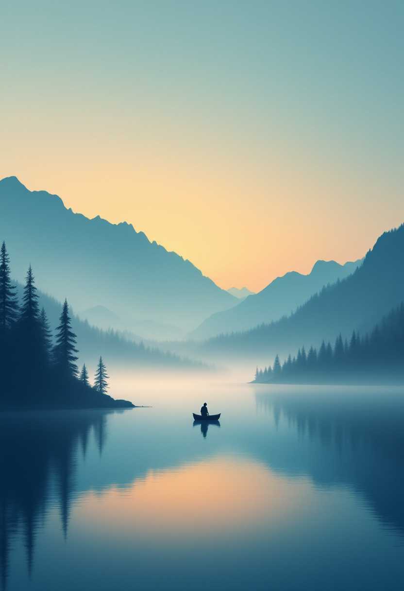 A minimalist composition of a misty mountain lake at dawn. The sky is a blend of orange and blue hues. The water is perfectly still and reflects the sky. There is a silhouette of a lone fisherman in a small boat. The shore is lined with pine trees. The background contains mountains. The overall image has a subtle fog.