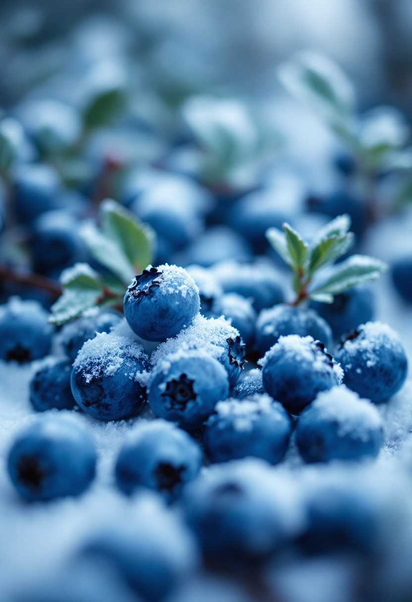 Blueberries in the snow, close-up photo, cinematic