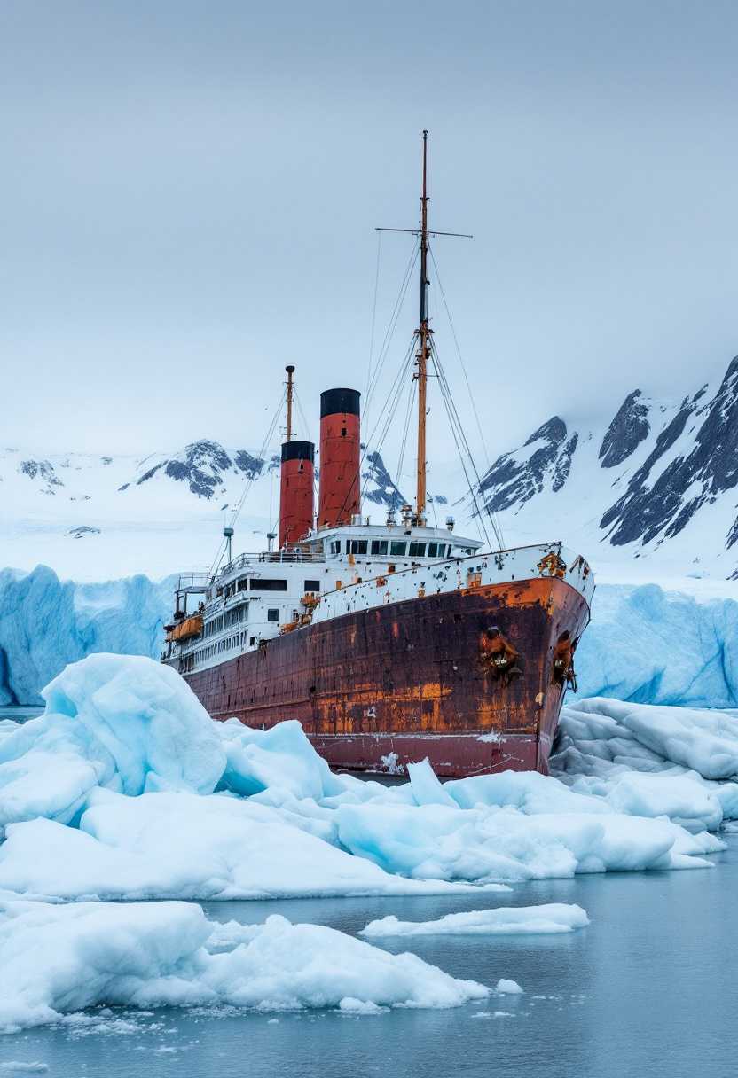 A large, rusted ship anchored amidst icy waters. The ship, with its two prominent red chimneys, appears to be in a state of disrepair, with visible signs of wear and tear. The surrounding environment is cold, with towering icebergs and glaciers in the background. The sky is overcast, hinting at a chilly atmosphere. The ship's position suggests it might have been abandoned for a long time, as the ice around it has started to encroach upon its structure.