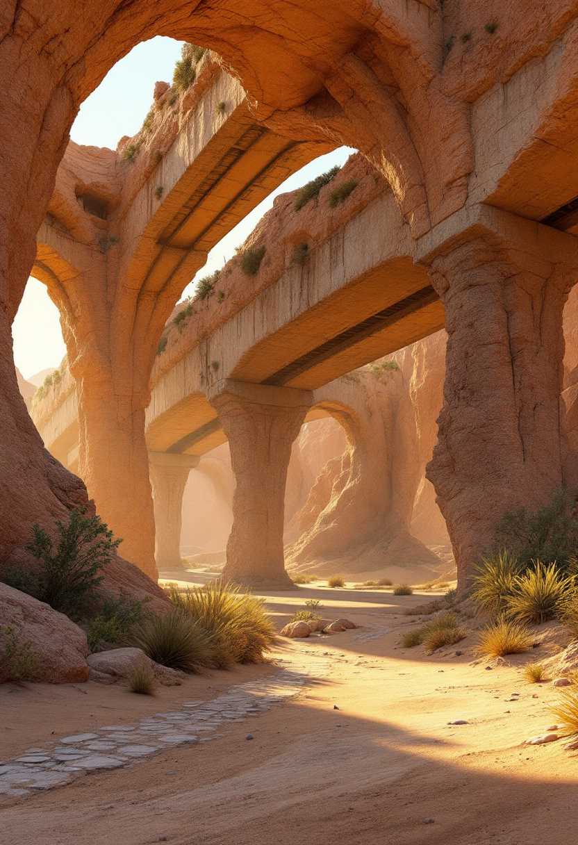Photorealistic render of a desert landscape where wind-carved sandstone arches intertwine with the skeletal remains of a concrete overpass. Rebar protrudes from eroded pillars, mimicking the sparse vegetation. Golden hour lighting accentuates textures and long shadows. Ultra-wide angle