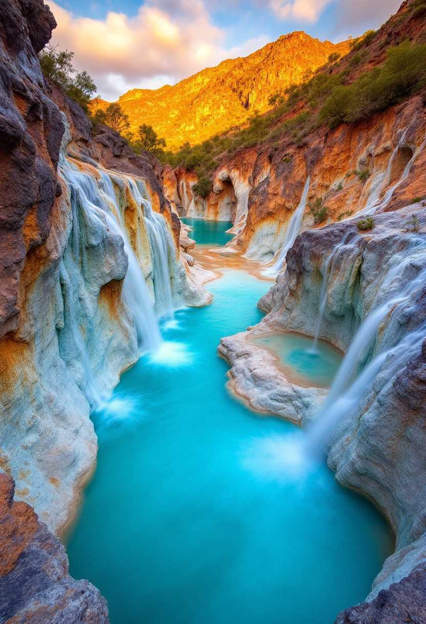 A photo of Hierve el Agua in Oaxaca. The image has vibrant colors with a petrified waterfall formation and mineral-rich turquoise pools. There is golden hour light on the mountainous backdrop. The water has a long exposure effect. The tones are saturated.