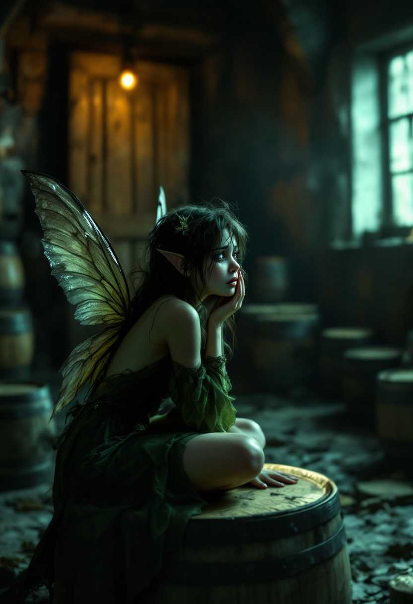 A dark fantasy image of a crying fairy sitting on a barrel in a dimly lit room filled with barrels. The fairy has wings and is wearing a green dress. The room has a mystical ambiance, with a door and a window in the blurry background.