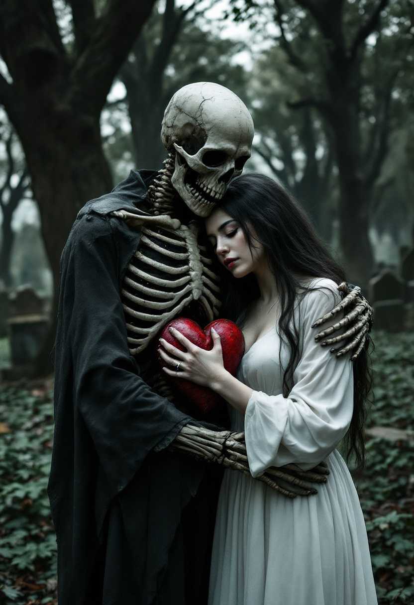 A dark, heavy atmosphere with an allegorical image of a skeleton holding a heart. The skeleton is embracing a woman with long, dark hair. The woman is wearing a white dress and has her eyes closed. The background is a cemetery with tall, ancient trees. The ground is covered with wet, green leaves.