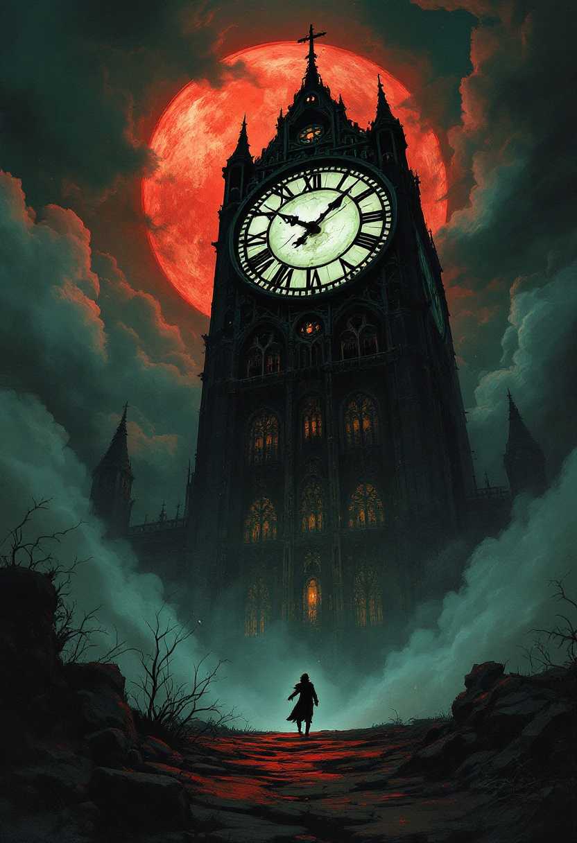 A haunting dark fantasy illustration of a towering, grotesque clock with a God-like presence. The clock is adorned with gothic architecture, and its hands point menacingly towards a fleeing figure in the distance. The figure, possibly a symbol of humanity, is overtaken by the oppressive presence of the clock. The sky is filled with ominous clouds and a blood-red moon, creating an eerie atmosphere of fear and impending doom., dark fantasy