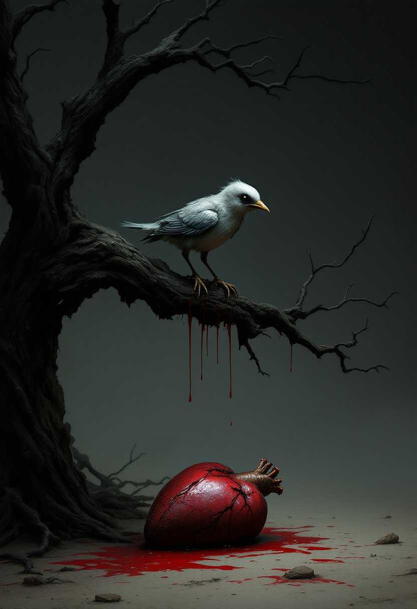 A dark and moody conceptual art illustration inspired by Baudelaire's poetry. A fragile, young bird with trembling wings is perched on a gnarled, dead tree branch. Its beak is clenched, and its eyes are full of fear and determination. Below the bird, a heart, still pulsating with blood, lies on the ground, symbolizing the pain and suffering. The overall ambiance of the image is somber and melancholic, reflecting the dark themes of the poetry and the struggle of the human soul., conceptual art