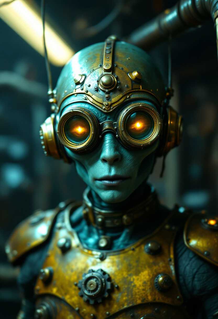 A high-quality photo of a steampunk alien with a brass helmet and goggles. The alien has a greenish-blue skin tone and is wearing a brass chest plate with a few gears. The background is a dimly lit room with a few pipes and gears. The lighting is soft.