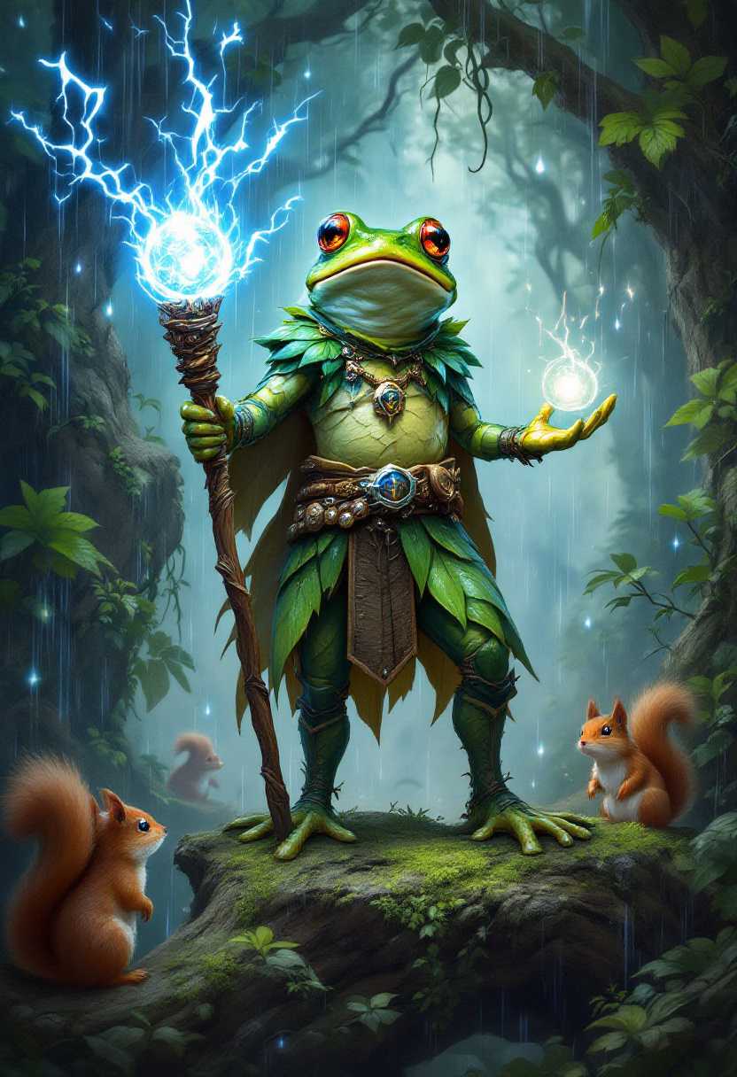 A highly detailed and captivating fantasy card game illustration featuring a proud frog mage standing atop a large branch deep within a magical forest. The frog is adorned in armor made from leaf scales, giving it a natural and mystical appearance. It holds a wooden staff topped with a glowing orb that radiates magical energy, while its left hand crackles with bright blue lightning magic. Its focused expression exudes power and determination.

The lush and vibrant forest surrounds the frog mage, teeming with thick foliage, vines, and large leaves. Translucent water sprites dance around the scene, adding to the magical atmosphere. The background reveals distant forest creatures, such as a squirrel, observing the frog's display of power with curiosity.

Soft, magical rain falls gently, creating movement and sparkle in the scene. The rain spl