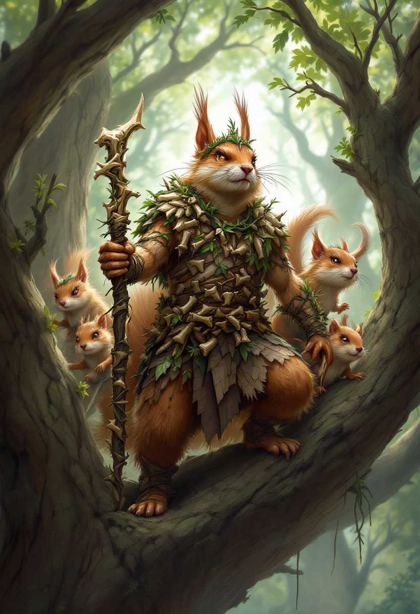 This detailed fantasy card game illustration features a tribe of warrior squirrels perched in the branches of a massive ancient tree. The central figure is a fierce, battle-hardened squirrel chieftain, standing tall and holding an intricately carved staff adorned with bones and vines, symbolizing his leadership and connection to nature. His fur is wild, and he wears a rugged, pieced-together outfit made from small bones, leaves, and forest materials, giving him an imposing, primal look.

The chieftain has a determined expression, with his sharp eyes glaring ahead as if ready for battle. He grips a long, curved bone blade in his other hand, which glints in the soft, dappled sunlight filtering through the tree canopy. Surrounding him are his loyal tribe members, each equipped with similar bone weapons and forest