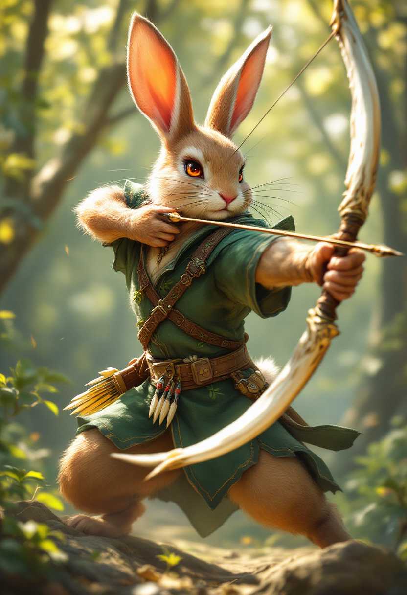 A captivating splash art featuring a rabbit archer in mid-draw, exuding both agility and precision. The rabbit's sleek, brown fur catches the sunlight as it stands poised, ready to strike. Its large ears, a mix of light brown and pale beige, are perked up and alert.

The rabbit dons a green, intricately designed archer's tunic that flows with the wind, suggesting its athletic build and quick movements. The tunic is trimmed with darker green edges, and the design is both practical and elegant. The rabbit's belt is adorned with small pouches and tools, including an extra set of arrows and a finely detailed quiver slung across its back. The quiver features vine patterns, hinting at the rabbit's connection to and protection of the forest.

Wielding
The chieftain has a determined expression, with his sharp eyes glaring ahead as if ready for battle. He grips a long, curved bone blade in his other hand, which glints in the soft, dappled sunlight filtering through the tree canopy. Surrounding him are his loyal tribe members, each equipped with similar bone weapons and forest