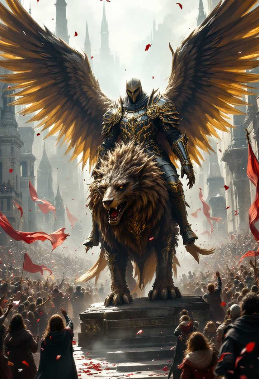 An epic dark fantasy splash art featuring a magnificent knight, standing tall on a powerful terrestrial griffon. The knight dons gleaming, highly-detailed armor with ornate engravings and gold inlays, while the griffon showcases its strength and majesty through its muscular legs, lion's body, and eagle's head. The grand cityscape unfolds in the background, resembling Minas Tirith from The Lord of the Rings.

In this magnificent scene, the knight and griffon lead a military parade through the main street of the pristine white stone city. Sunlight highlights the polished armor, evoking a sense of awe and reverence. Cheerful citizens fill the streets, balconies, and buildings with movement and color, waving flags and throwing flower petals in celebration of the knight's presence, conceptual art, illustration, dark fantasy