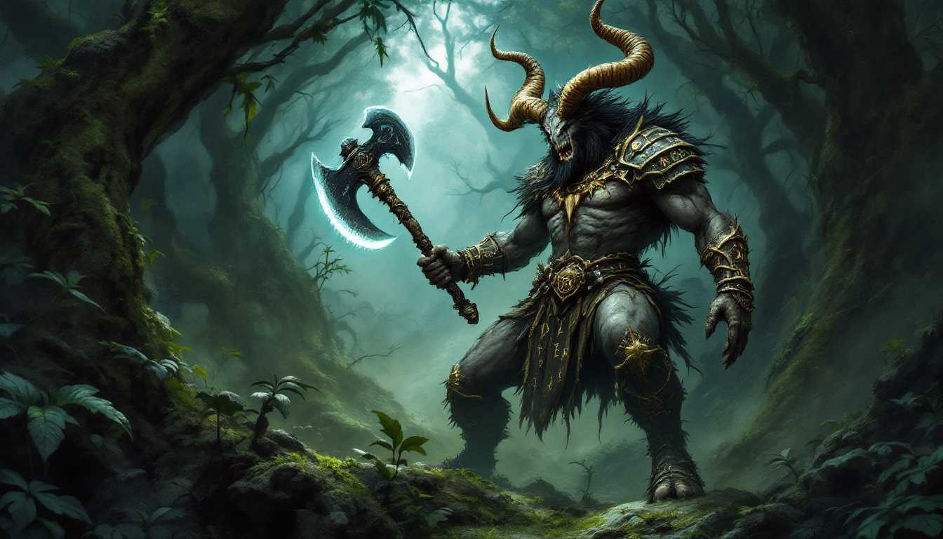 A captivating illustration of a Centaur Warrior in the heart of an enchanted forest. The warrior, adorned in bone and hide armor, stands tall on his powerful legs, his eyes scanning the thick underbrush for any sign of danger. Wielding a massive, double-headed axe with etched runes that emit a faint, protective glow, he is a force to be reckoned with. Hanging from his neck is a necklace of teeth and claws, symbols of his victories in battle. The dense, shadowy forest provides the backdrop, filled with tangled undergrowth and an air of mystery. The artwork masterfully conveys the raw power and primal nature of the Centaur while capturing the dark, fantastical atmosphere of the forest., dark fantasy, conceptual art