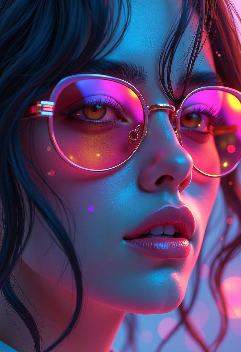 A highly detailed, close-up digital artwork depicting a holographic, neon-colored woman with sunglasses and leaves, in the style of digital art