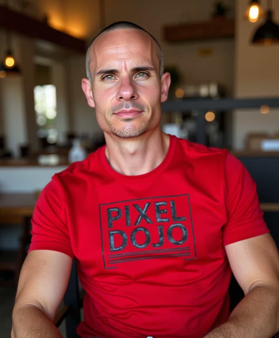 a photo of BLOVE man, sitting in a cafe in lisbon, wearing a red shirt that says PIXEL DOJO, with short buzzed hair