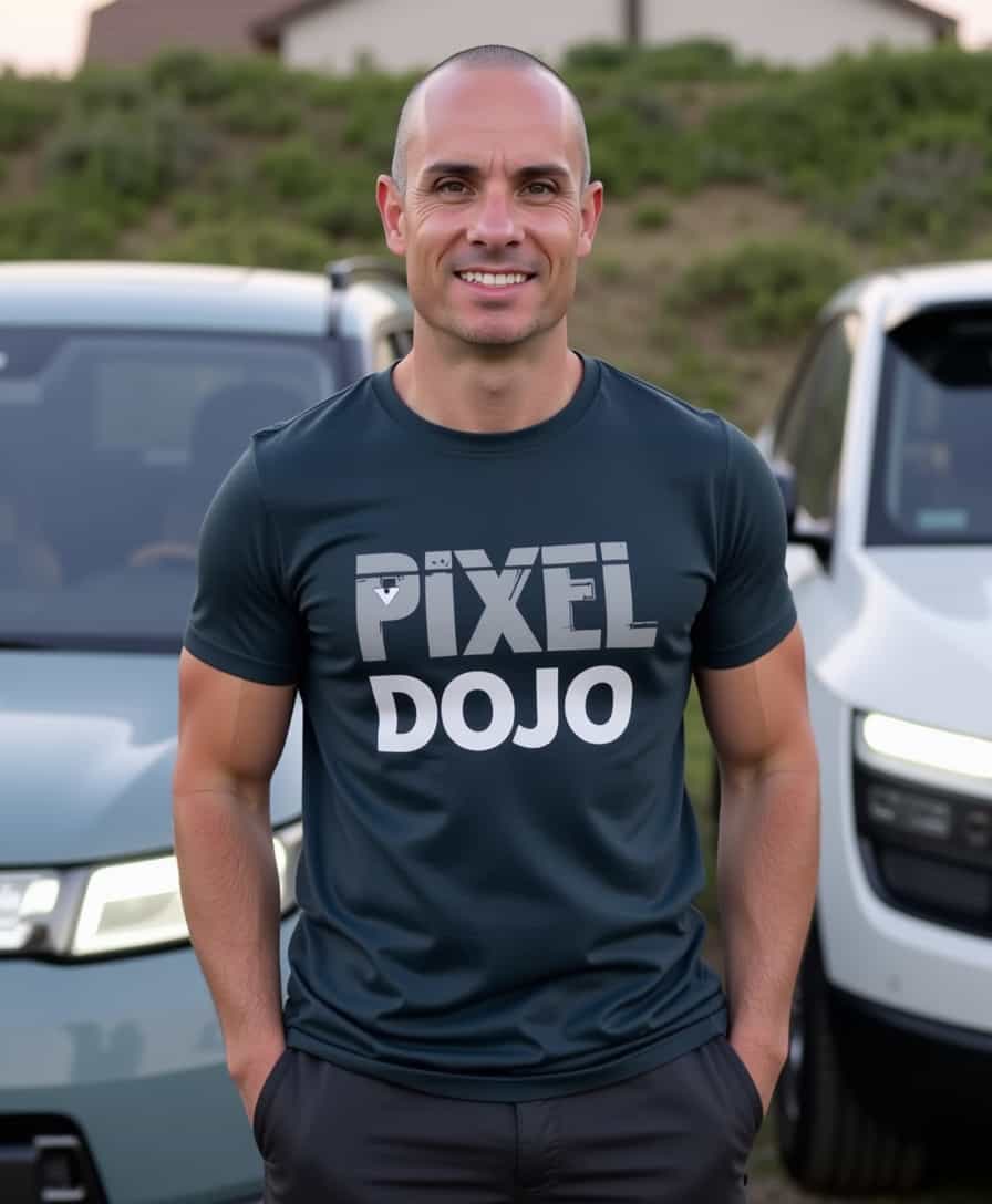 A portrait photo of BLOVE man with short buzzed hair, standing next to a RIVIAN R3X car,  wearing a tshirt that reads PIXEL DOJO