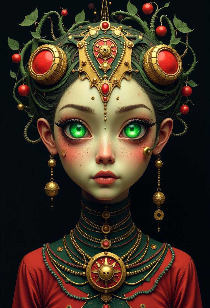 This image is a highly stylized and surreal depiction of a face, which could be interpreted as a character or a mask. The art style is reminiscent of surrealism, with a touch of steampunk, characterized by its intricate details, vibrant colors, and the blending of organic and mechanical elements.The medium appears to be digital painting, given the smooth gradients, the lack of texture, and the precision of the lines and shapes. The colors are rich and varied, with a predominance of reds, greens, and golds, which give the image a warm, almost glowing quality. The use of black as the background contrasts sharply with the bright colors of the subject, drawing the viewers attention to the detailed features of the face.The face itself is adorned with an elaborate headdress that seems to be made of intertwined vines and leaves, suggesting a connection with nature. The headdress is embellished with circular motifs and small, ornate details that resemble jewels or gemstones. The eyes are particularly striking, with a vivid green iris and a red sclera that gives them a mechanical appearance. The pupils are not visible, which adds to the enigmatic quality of the eyes.The rest of the face is equally elaborate, with a complex network of lines and shapes that create a masklike effect. The forehead is adorned with a series of concentric circles and a central, larger circle that resembles a face within a face. The nose is elongated and narrow, with a small, circular detail at its tip. The mouth is closed, with a straight line for the lips, and there is a singular, large, circular detail on the chin.The neck is also intricately designed, with a series of circular motifs and a central, ornate pendant that resembles a flower or a blooming blossom. The pendant is adorned with smaller, circular details and a chain that leads down to the shoulders, where similar circular motifs can be seen.Overall, the image exudes a sense of mystery and otherworldliness, inviting the viewer to ponder the story or the character that this elaborate mask represents.
